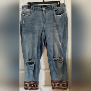 Ashley Stewart Cropped Distressed Blue Denim Jeans With Detail Embroidered Cuffs